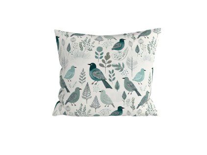 Bavlněný povlak na polštář LEAFBIRD POLY 45x45 cm bílo-zelený s motivem ptáků a listů
